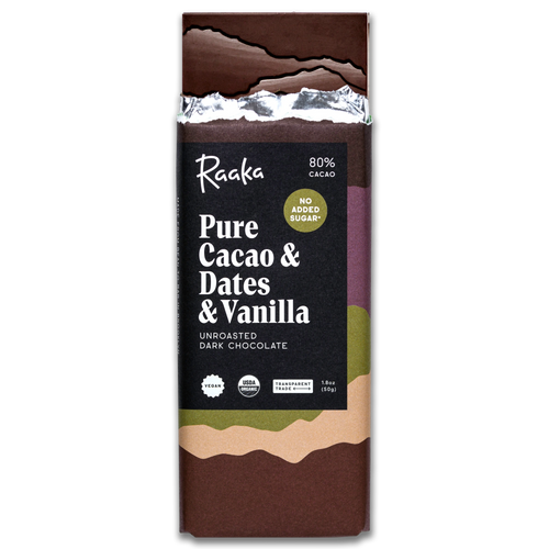 Raaka chocolate bar 'Pure Cacao & Dates & Vanilla' on white backgrounda