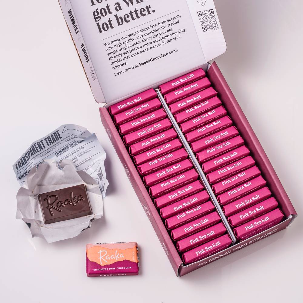 Mini Doses pink sea salt box open - Raaka Chocolate