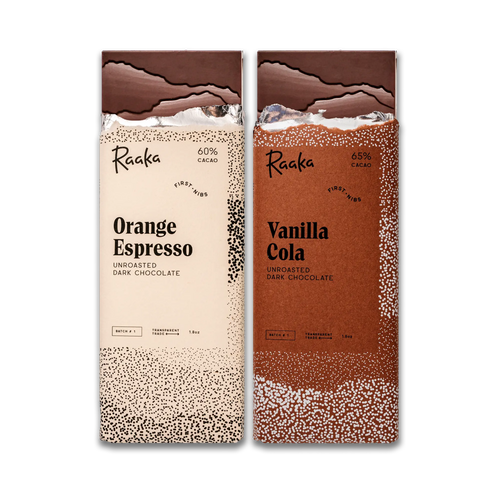 July First Nibs Two Bar Batch: Orange Espresso, Vanilla Cola. Bars in wrappers.