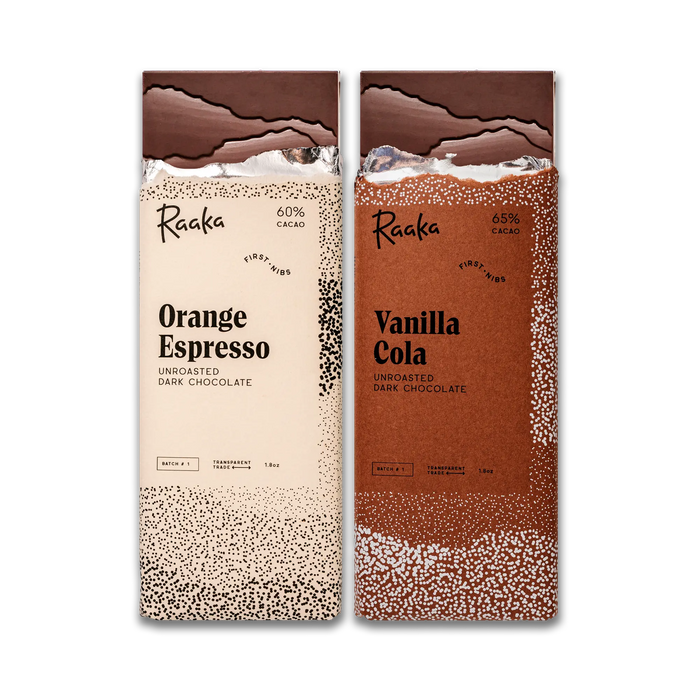 July First Nibs Two Bar Batch: Orange Espresso, Vanilla Cola. Bars in wrappers.