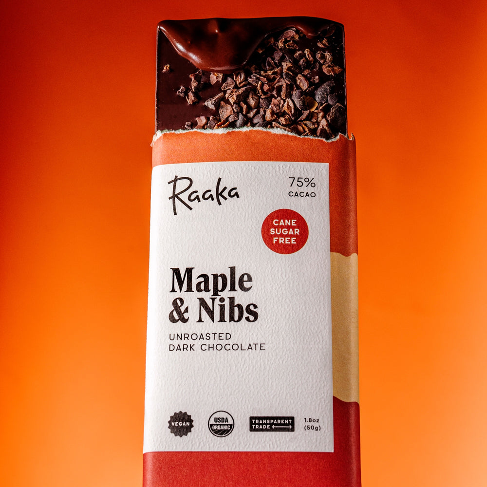 Maple & Nibs bar with chocolate drip.