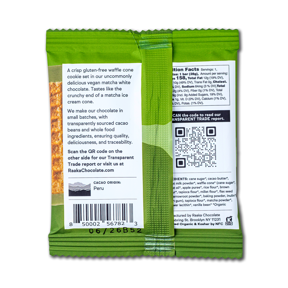 Back view of a green Raka's Chocolate packaging with text and QR code.