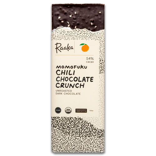 Raaka Momofuku Chili Chocolate Crunch packaging on a white background
