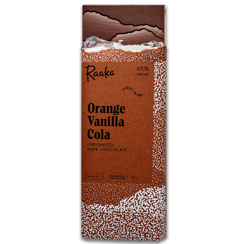 A vertical pack of Raaka Orange Vanilla Cola unroasted dark chocolate, featuring a textured brown wrapper with white speckled accents and a dark chocolate top and bottom.