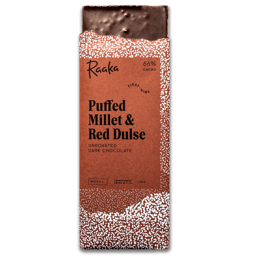 Raaka chocolate bar with puffed millet and red dulse flavor on a white background