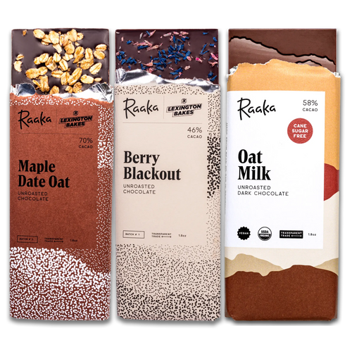 Three chocolate bars in a row: Maple Date Oat, Berry Blackout, and Oat Milk. 