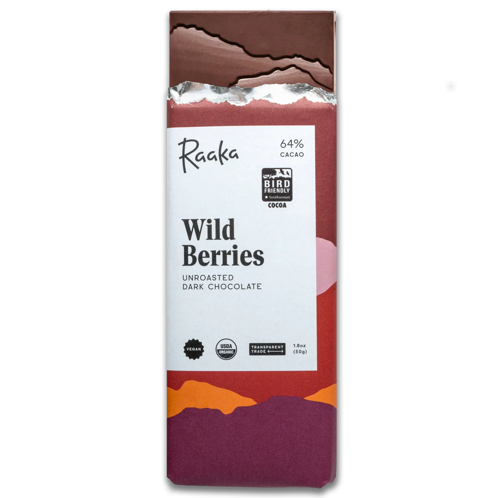 Raaka Wild Berries unroasted dark chocolate bar packaging on a white background